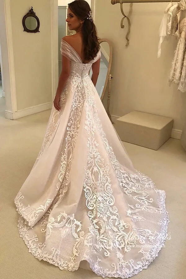 Roycebridal Gorgeous Tulle A-line Off-the-Shoulder Lace Appliques Wedding Dresses, MW980