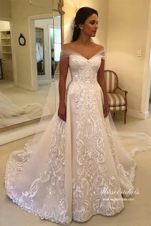 Roycebridal Gorgeous Tulle A-line Off-the-Shoulder Lace Appliques Wedding Dresses, MW980