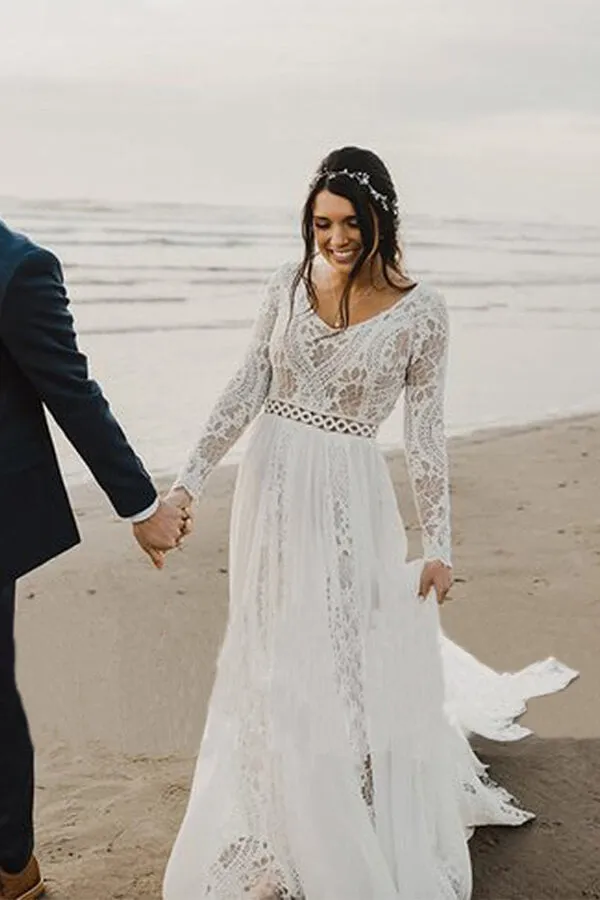 Roycebridal Ivory Lace A-line V-neck Long Sleeves Beach Wedding Dresses, Bridal Gown, MW664