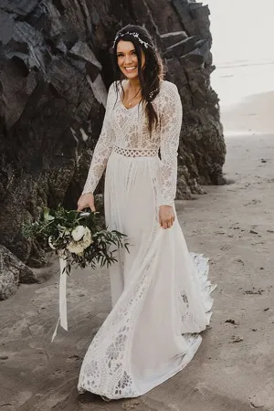 Roycebridal Ivory Lace A-line V-neck Long Sleeves Beach Wedding Dresses, Bridal Gown, MW664