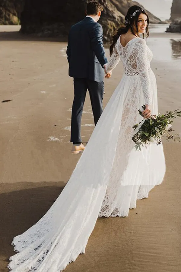 Roycebridal Ivory Lace A-line V-neck Long Sleeves Beach Wedding Dresses, Bridal Gown, MW664