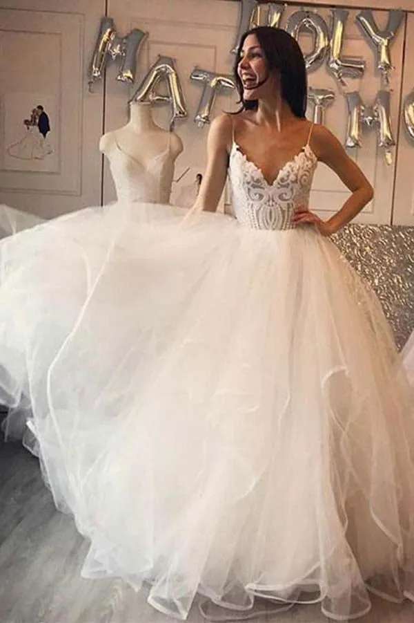 Roycebridal Ivory Organza Spaghetti Straps Lace Appliqued Beach Wedding Dresses, MW598
