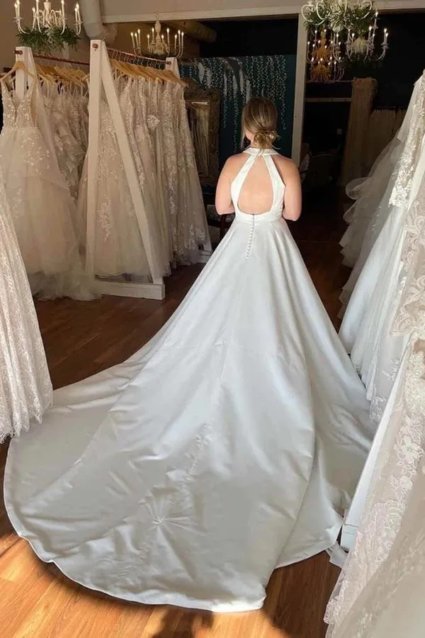 Roycebridal Ivory Satin Deep V-neck Wedding Dresses With Pockets, Bridal Gowns, MW895