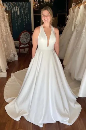 Roycebridal Ivory Satin Deep V-neck Wedding Dresses With Pockets, Bridal Gowns, MW895