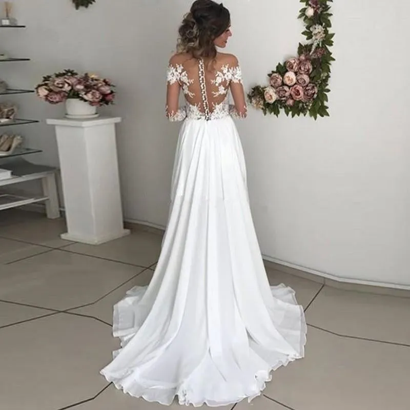 Roycebridal Lace Slit Wedding Dress Long Sleeves A-line Split Chiffon Dubai Arabic Simple Boho Long Vestido De Noiva Bridal Dresses