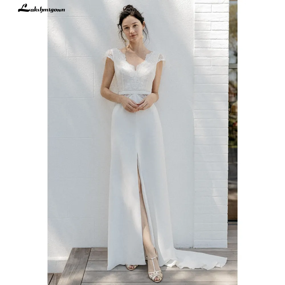 Roycebridal Lakshmigown 2021 Elegant Split Satin Lace Back Buttons Wedding Dresses for Bridal V Neck Beach Short Sleeve Backless robe mariée