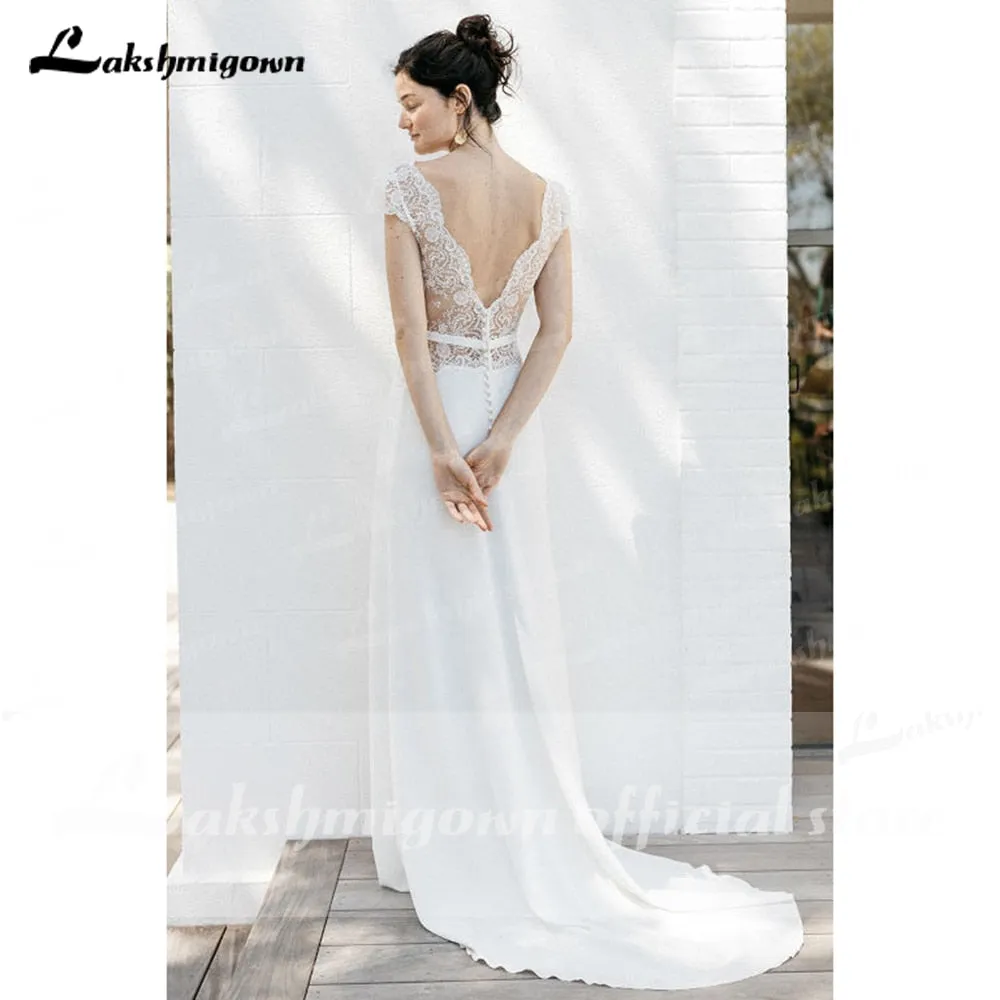 Roycebridal Lakshmigown 2021 Elegant Split Satin Lace Back Buttons Wedding Dresses for Bridal V Neck Beach Short Sleeve Backless robe mariée