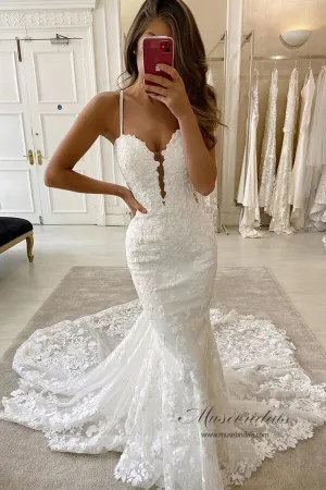 Roycebridal Mermaid Spaghetti Straps Deep V Neck Wedding Dress With Chanpel Train, MW516