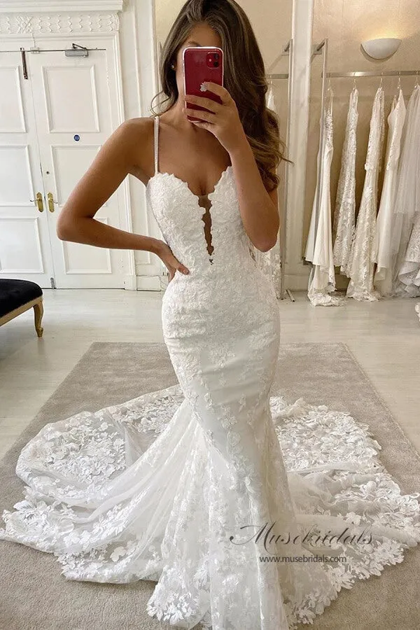 Roycebridal Mermaid Spaghetti Straps Deep V Neck Wedding Dress With Chanpel Train, MW516