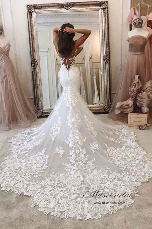 Roycebridal Mermaid Spaghetti Straps Deep V Neck Wedding Dress With Chanpel Train, MW516