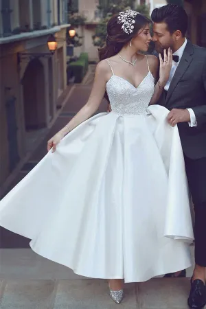 Roycebridal Satin A-line V-neck Spaghetti Straps Short Wedding Dresses with Appliques, MW514