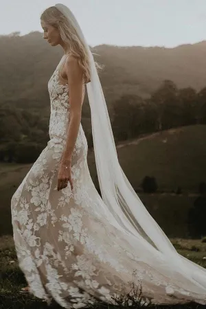 Roycebridal Sheath V-neck Lace Wedding dresses With Chapel Train, Wedding Gowns, MW793
