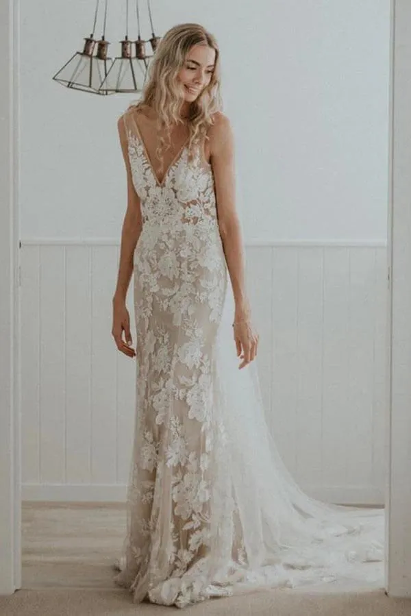 Roycebridal Sheath V-neck Lace Wedding dresses With Chapel Train, Wedding Gowns, MW793