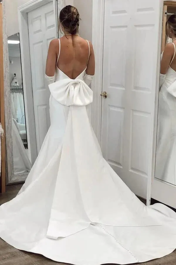 Roycebridal Simple Ivory Satin Mermaid V Neck Wedding Dresses, Wedding Gowns, MW764
