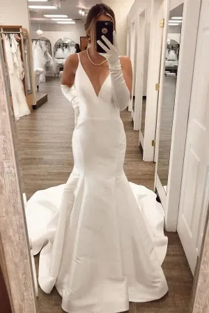 Roycebridal Simple Ivory Satin Mermaid V Neck Wedding Dresses, Wedding Gowns, MW764