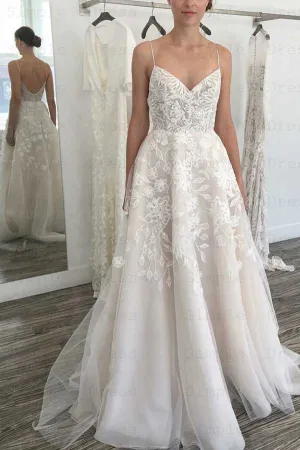Roycebridal Simple Sweetheart Spaghetti Straps Ivory Wedding Dresses with Lace,Appliques with Wedding Gowns,MW415