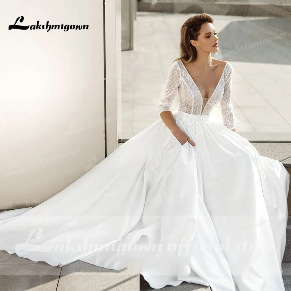 Roycebridal sukienka na wesele Satin Deep V Neck Three Quarter Sleeve Wedding Dresses Elegant vestido de noiva princesa luxuoso Lakshmigown