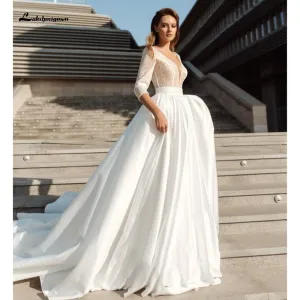 Roycebridal sukienka na wesele Satin Deep V Neck Three Quarter Sleeve Wedding Dresses Elegant vestido de noiva princesa luxuoso Lakshmigown