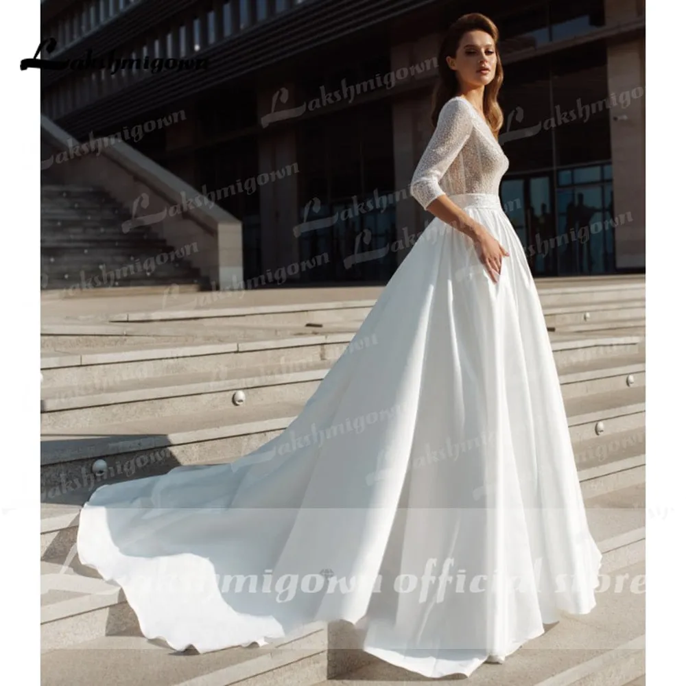 Roycebridal sukienka na wesele Satin Deep V Neck Three Quarter Sleeve Wedding Dresses Elegant vestido de noiva princesa luxuoso Lakshmigown