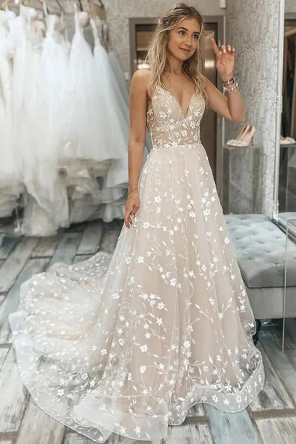 Roycebridal Tulle A-line V-neck Spaghetti Straps Lace Appliques Wedding Dresses, MW863