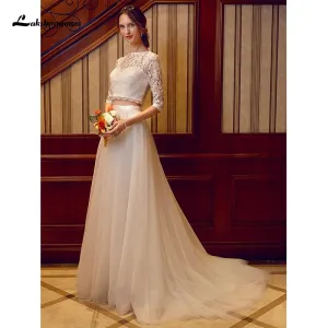 Roycebridal Two Piece Wedding Dresses Jewel Neck Court Train Tulle Over Lace Corded Lace Half Sleeve Illusion Sleeve with Sashes/Ribbons