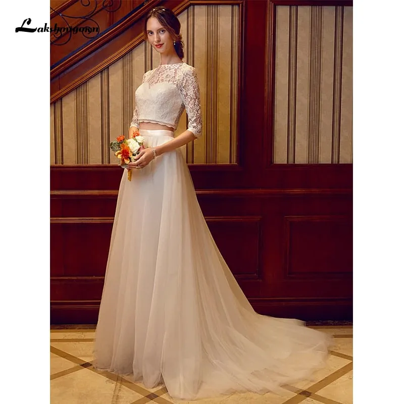 Roycebridal Two Piece Wedding Dresses Jewel Neck Court Train Tulle Over Lace Corded Lace Half Sleeve Illusion Sleeve with Sashes/Ribbons