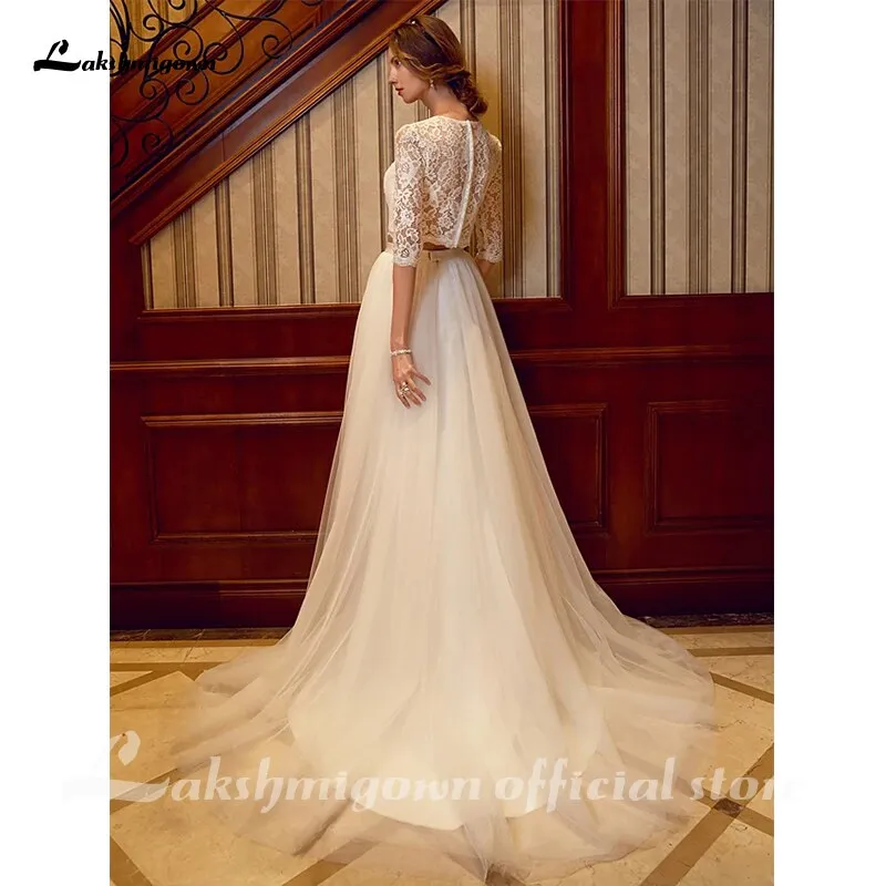 Roycebridal Two Piece Wedding Dresses Jewel Neck Court Train Tulle Over Lace Corded Lace Half Sleeve Illusion Sleeve with Sashes/Ribbons