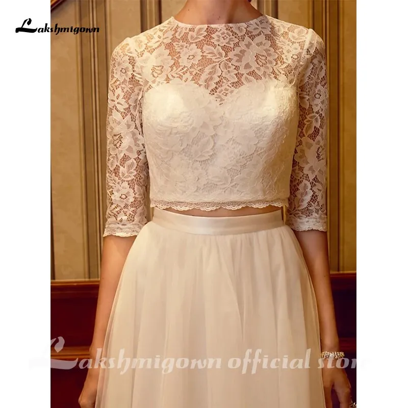 Roycebridal Two Piece Wedding Dresses Jewel Neck Court Train Tulle Over Lace Corded Lace Half Sleeve Illusion Sleeve with Sashes/Ribbons
