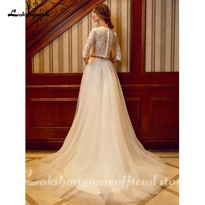 Roycebridal Two Piece Wedding Dresses Jewel Neck Court Train Tulle Over Lace Corded Lace Half Sleeve Illusion Sleeve with Sashes/Ribbons