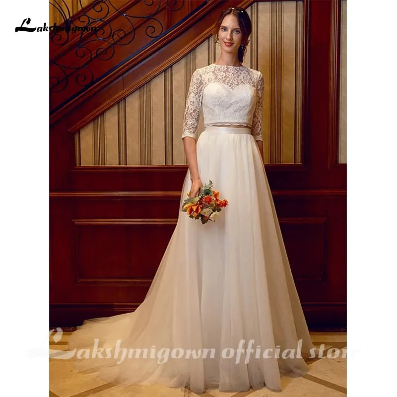 Roycebridal Two Piece Wedding Dresses Jewel Neck Court Train Tulle Over Lace Corded Lace Half Sleeve Illusion Sleeve with Sashes/Ribbons