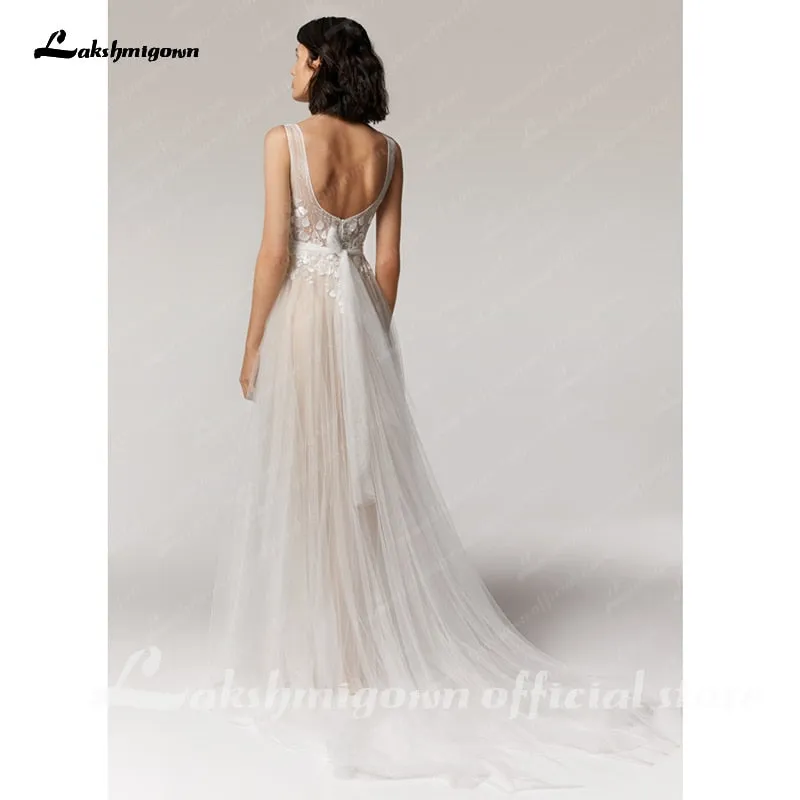 Roycebridal Vintage Lace Wedding Dress Beach Summer  Vestito da Donna V Neck Sexy Bohemian Bridal Dress Backless
