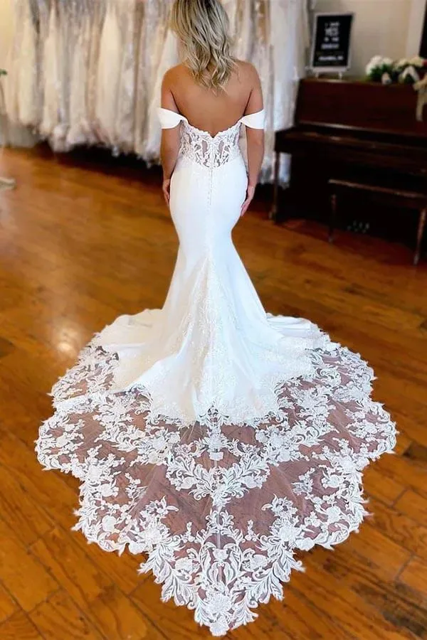 Roycebridal White Mermaid Satin Lace Off Shoulder Wedding Dresses With Train, MW868
