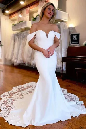 Roycebridal White Mermaid Satin Lace Off Shoulder Wedding Dresses With Train, MW868