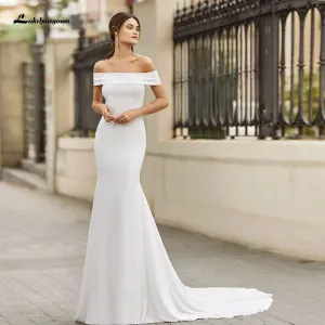 Roycebridal White Satin Mermaid Wedding Dress Off the Shoulder