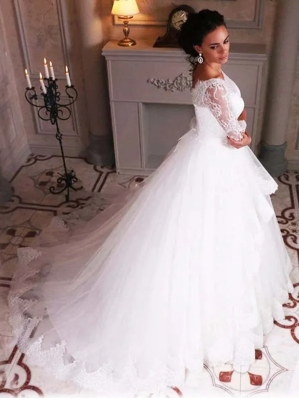 Roycebridal White Tulle Lace Ball Gown 3/4 Sleeves Scoop Neck Wedding Dresses, MW693