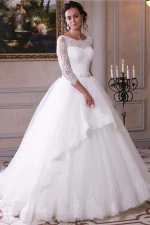 Roycebridal White Tulle Lace Ball Gown 3/4 Sleeves Scoop Neck Wedding Dresses, MW693
