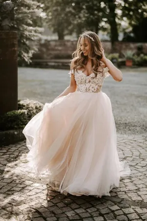Roycebridal Wonderful Appliqued A-line Wedding Dresses With Cap Sleeves Tulle Gowns,MW443