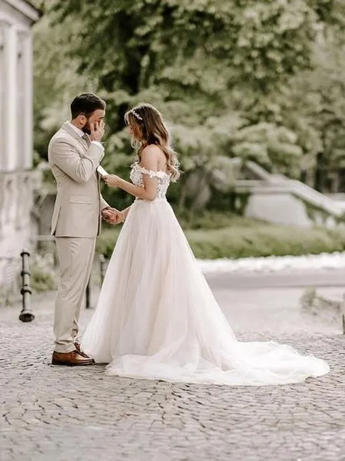Roycebridal Wonderful Appliqued A-line Wedding Dresses With Cap Sleeves Tulle Gowns,MW443