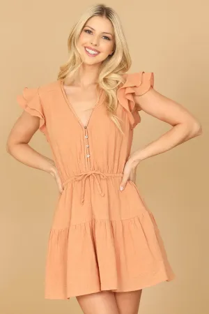 RUFFLE CAP SLEEVE BUTTON DETAIL WAIST TIE MINI DRESS