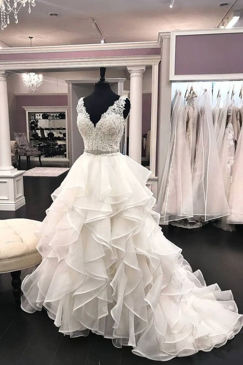 Ruffled Organza Wedding Dresses Lace V-neckline Bodice