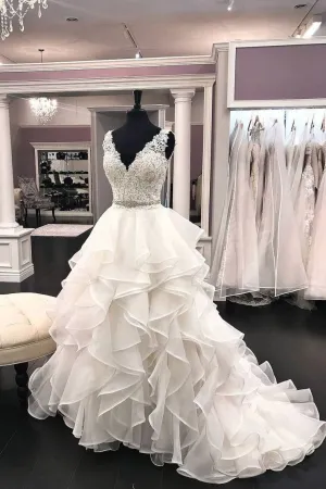 Ruffled Organza Wedding Dresses Lace V-neckline Bodice