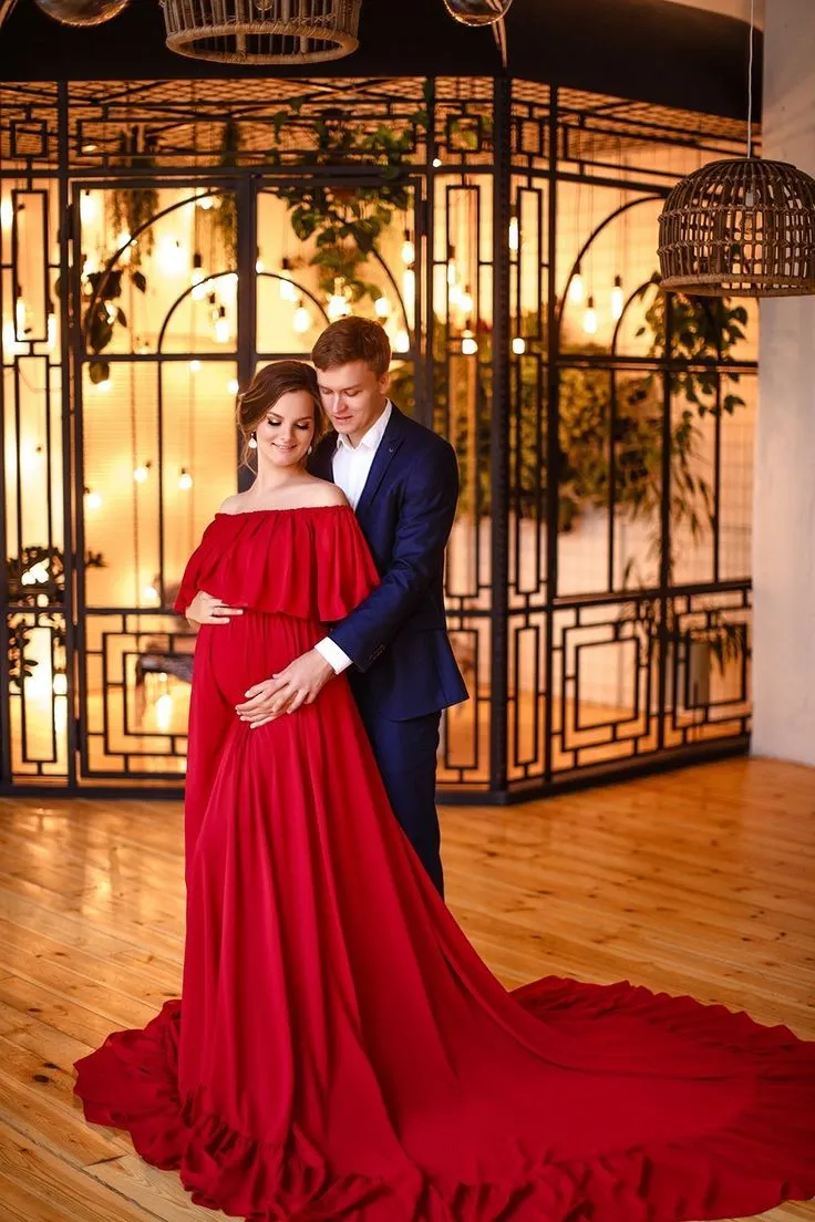 Ruffles Off-the-shoulder Red Baby-Shower Dresses with Long Train
