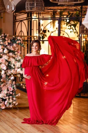 Ruffles Off-the-shoulder Red Baby-Shower Dresses with Long Train