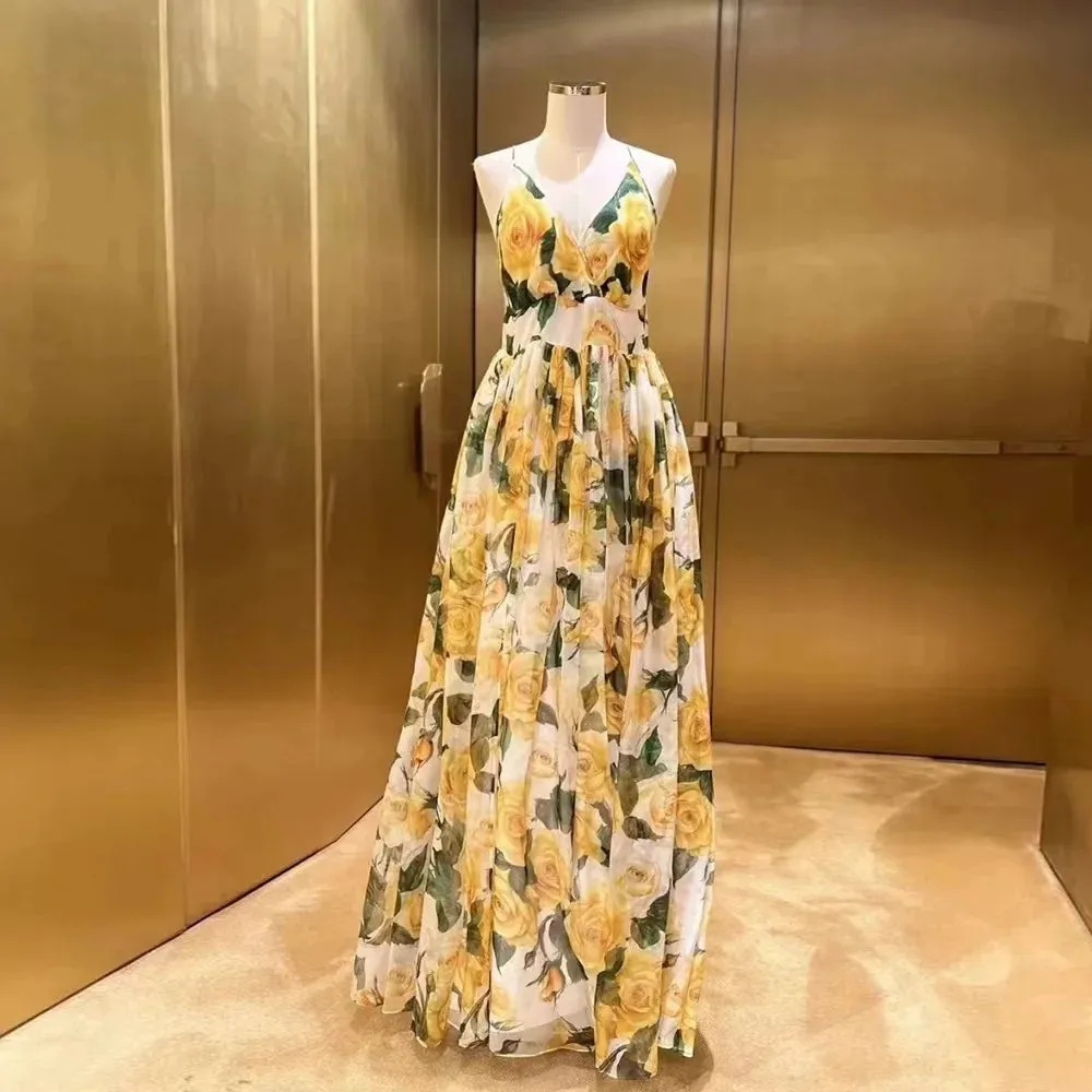 Runway Elegant Summer Yellow Rose Flower Print Long Dress
