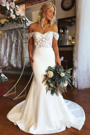Satin Lace Mermaid Off-the-shoulder Wedding Dresses, Wedding Gowns, MW754