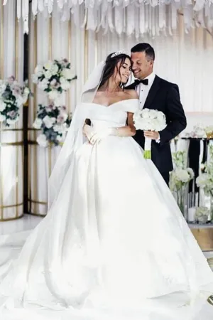 Satin Plain Wedding Dress with Fold Off-the-shoulder