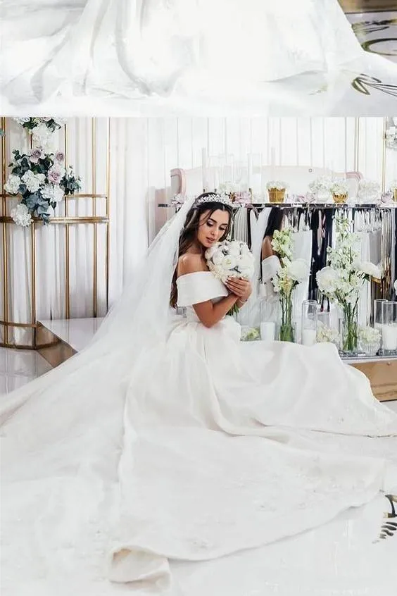 Satin Plain Wedding Dress with Fold Off-the-shoulder