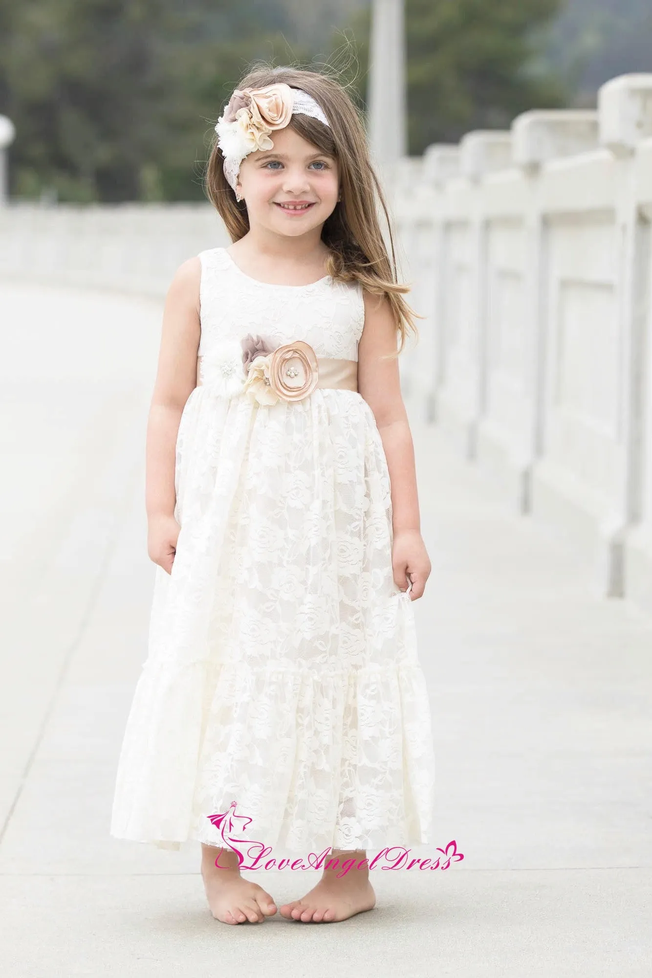Scoop Neck Ankle Length Ivory Lace Baby Girl Dresses with Flower Belt