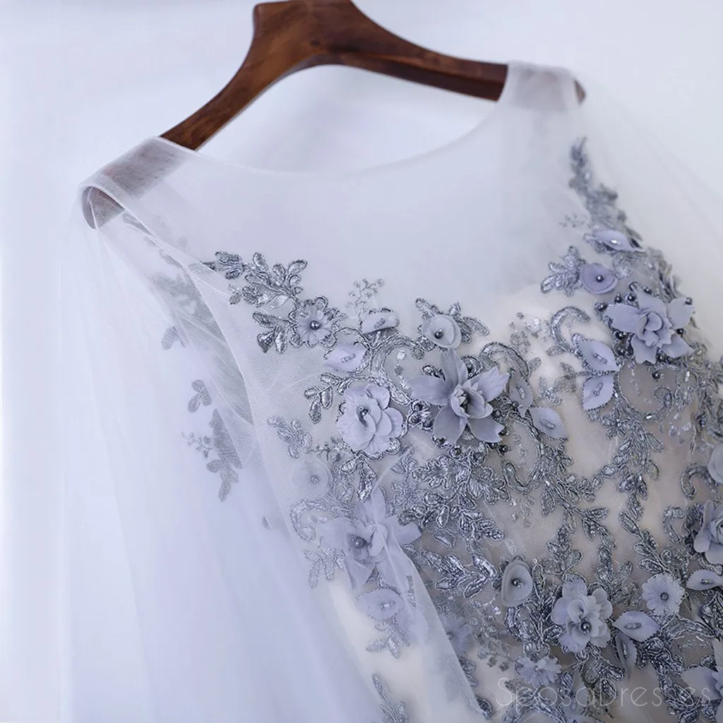 Scoop Neckline Grey Lace Tulle A line Evening Prom Dresses, Popular Gray Party Prom Dresses, Custom Long Prom Dresses, Cheap Formal Prom Dresses, 17192