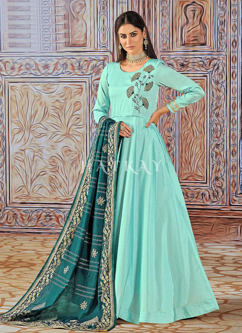Sea Green Embroidered Silk Anarkali Suit